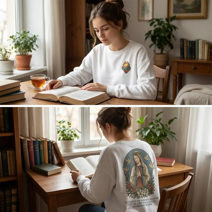 Blessed Is She Who Believed Mary Women’s Organic Crew Neck Sweatshirt